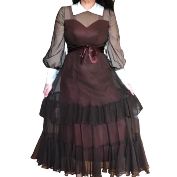 Vtg 60s/70s Wednesday Addams Goth Prairie Tiered Ruffle Contrast Trim Maxi Dress - Picture 5 of 17